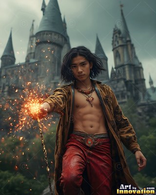 Casting bright sparks from his hand, a shirtless man stands before a castle