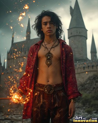 Young man holding a wand of bright sparks before a stone castle