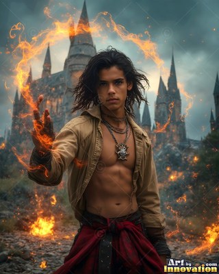 Wearing an open tan shirt, a young man summons a ring of fire before a castle