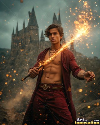 A shirtless man holds a staff that sparks with bright yellow light before a castle