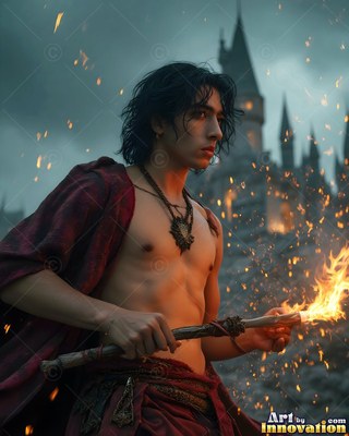 Turned sideways by a dark castle, a shirtless man holds a flaming staff