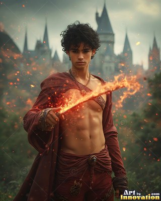 A shirtless young man in red robes points a fiery wand in front of a castle