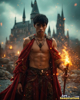 Before a dark castle, a shirtless man in a red cape holds a flaming staff
