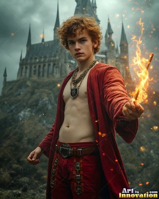 Holding a burning wand, a young man in parted red robes stands before a castle