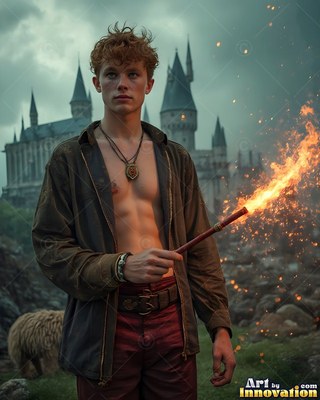Young man holding a flaming wand before a castle