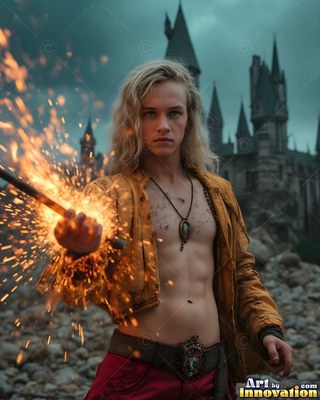 Wearing an open gold jacket before a stone castle, a blond man points a wand of sparks