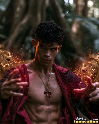 A shirtless man casts spells in red robes while fiery sparks flare around his hands