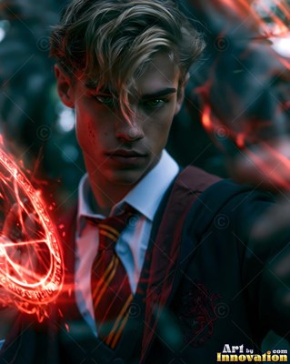 Facing forward outdoors, a young blond man in school robes casts red sparks