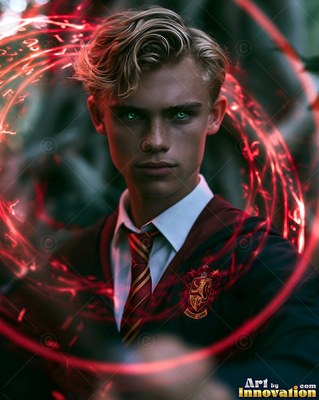 A young blond man in a school uniform stands inside bright red magical rings
