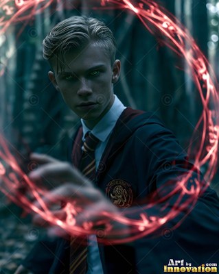 In a dark forest, a blond young man casts a red magic circle