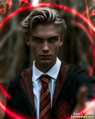 Casting a spell, a young blond man in school robes stands inside a red magic ring
