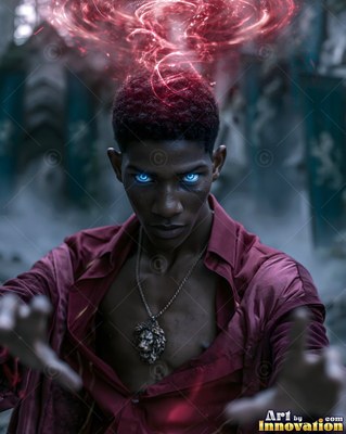 A man with bright blue eyes reaches out beneath red magic
