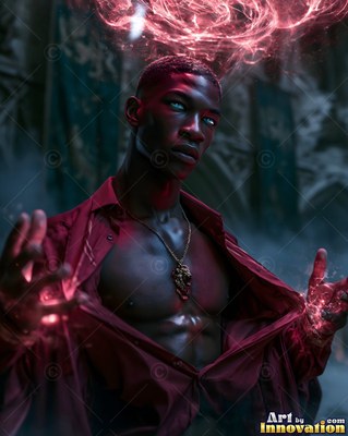 Wearing an unbuttoned red shirt, a Black man conjures red sparks in a dim stone hall