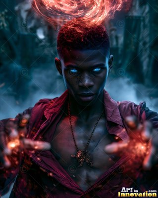 A young man extends his hands forward with bright red flames around his head