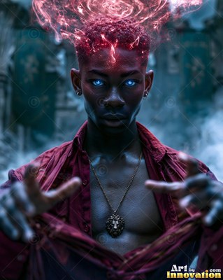 Facing forward in a misty courtyard, a young man carries red fire above his head