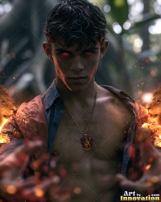 A young man with red eyes casts orange fire magic from his hands in a forest