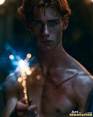 In the shadows, a bare-che sted young man clutches a sparkling gold wand