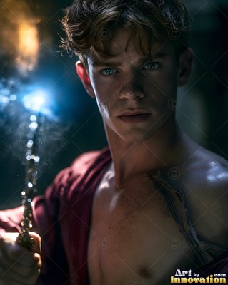Holding a sparking wand, a young man wears a torn scarlet robe in dark light