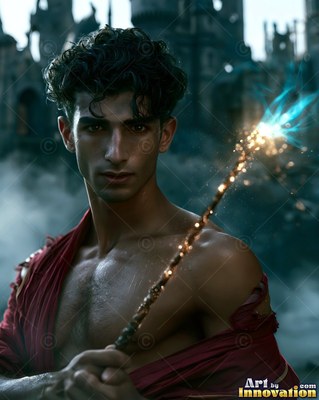 A young man in red robes holds a wand with blue sparks in front of a castle