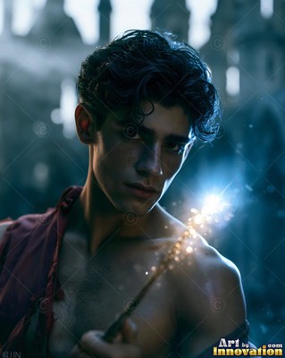 Dark curly hair frames a young man holding a sparking wand by a castle at night