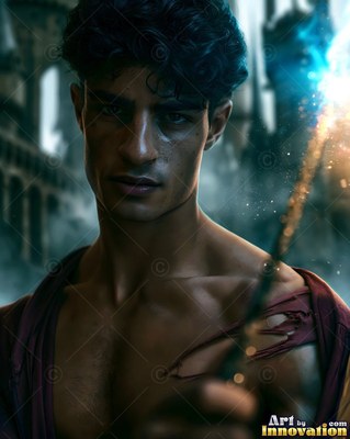 A dark-haired man holds up a wand that casts bright blue sparks into the air