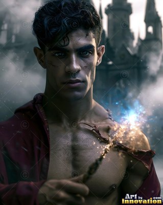 Facing forward before a foggy castle, a bare-chested man holds a sparkling wand