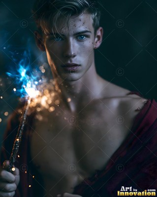 A shirtless young man holds up a sparking wand that lights his face in blue