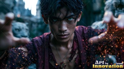 In a dark castle courtyard, a young man reaches forward with sparks on his hands