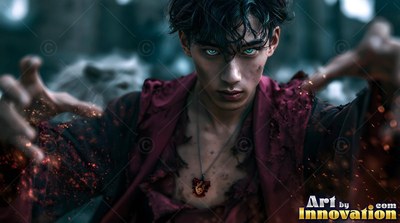 A young man in torn red robes reaches out with bright blue eyes