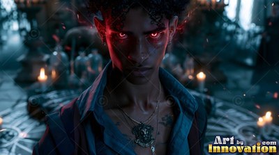 A young man with red eyes wears an unbuttoned shirt in a dark stone room with candles