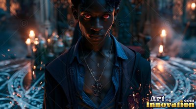 A young man stares ahead by candlelight, his dark eyes shining bright red