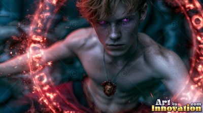 A shirtless young man with purple eyes conjures a red ring of fire