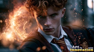 In a dark courtyard, a young freckled man in school robes summons fire