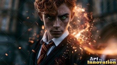 Staring forward, a young freckled man in school robes summons bright sparks