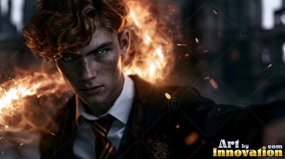 Red wavy hair frames a young man in school robes standing outside with fire behind him