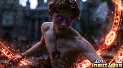 A shirtless young man casts magic rings with bright violet light in his eyes