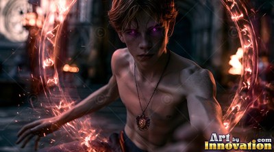 Crouching inside a stone hall, a shirtless young man casts a red magic ring