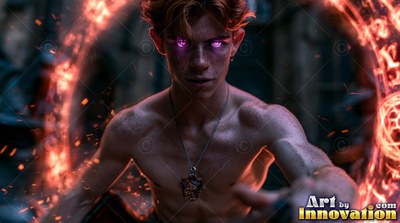 A bare-chested young man with purple eyes reaches out inside a fiery orange ring