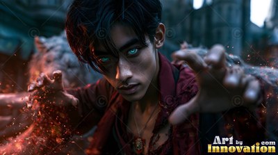 In a dark courtyard, a young man reaches forward with sparks around his hands