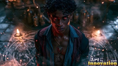 Staring ahead with red eyes, a young man kneels inside a circle of candles