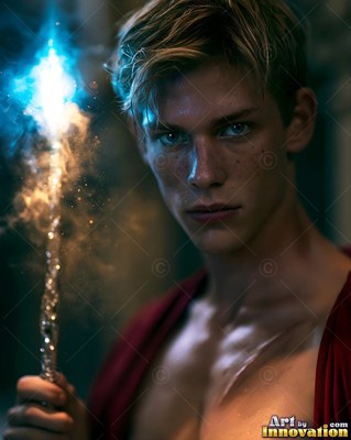 A young blond man holds a wand tipped with blue sparks