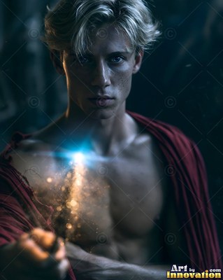 Blond hair falls over a shirtless young man in a dark room holding a sparkler wand