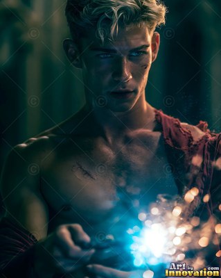 A shirtless man casts bright blue sparks with a wand in the dark shadow