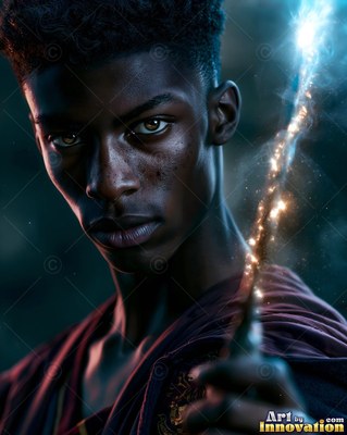 Facing forward in the dark, a young man raises a sparkling wand
