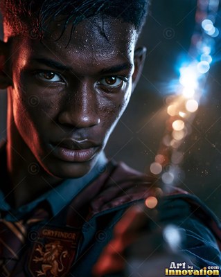 A sweating young man in school robes points a wand with blue light