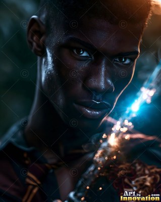 In the dark, a young Black man in a school tie holds a bright blue wand