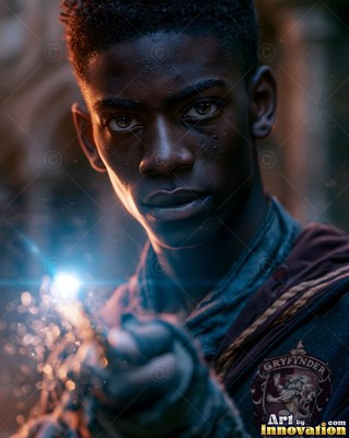 Holding a sparking wand, a young Black man in dark robes points it forward