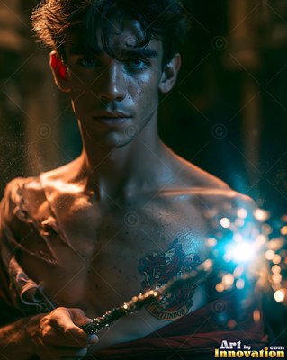 A shirtless young man carries a sparkling wand in the dark