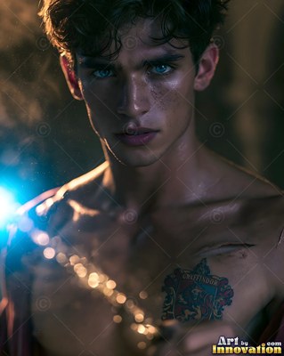 Blue eyes on a scarred, shirtless man holding a bright wand in a dark room