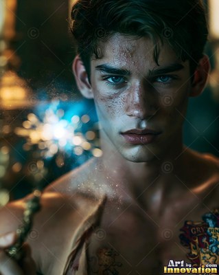 A shirtless young man holds a sparkling wand that casts blue and gold light